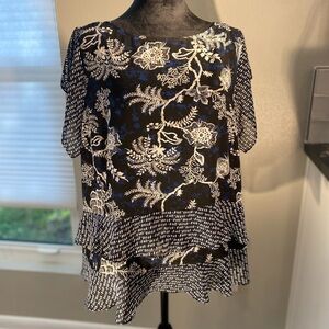 CAbi 5355 Hybrid Navy Top with double ruffles Size Large